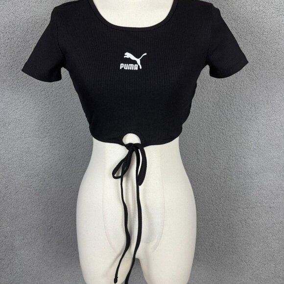 Puma Women's Classic Fit Ribbed Crop Top String Tie Bottom Hem XS Black NWOT's - Picture 2 of 8